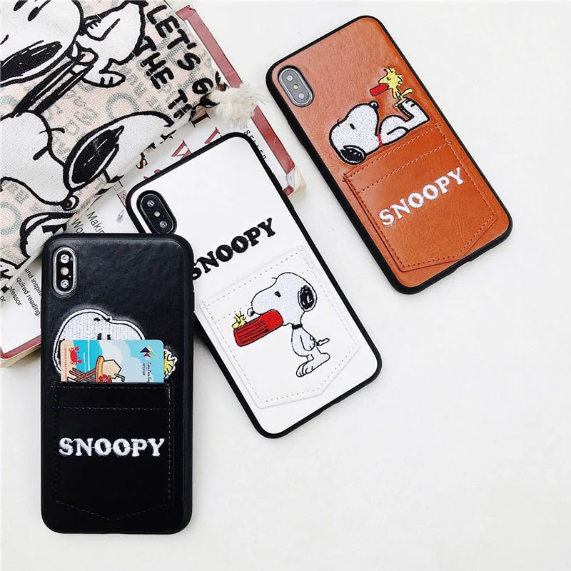New Cartoon cute Embroidery cartoon snoopy Card Pocket Phone Case For iPhone X 6 6s 7 8 Plus XR XS Max Leather Soft Cover Fundas |