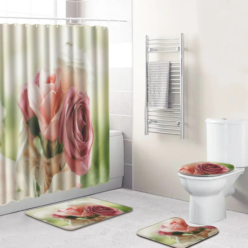 4 Pieces Set Waterproof Shower Curtains with Hooks + Non-Slip Pedestal Rug Lid Toilet Cover Bath Mat | Дом и сад