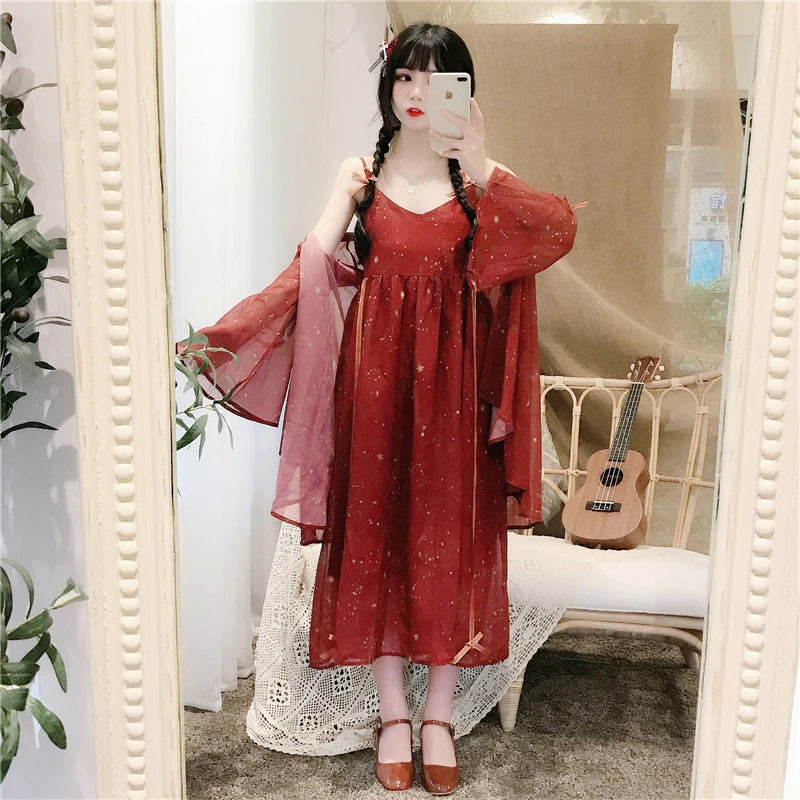 Платье Лолиты Kawaii платье для женщин японская милая Лолита позолоченное платье на бретелях+ солнцезащитное пальто куртка из двух частей милый