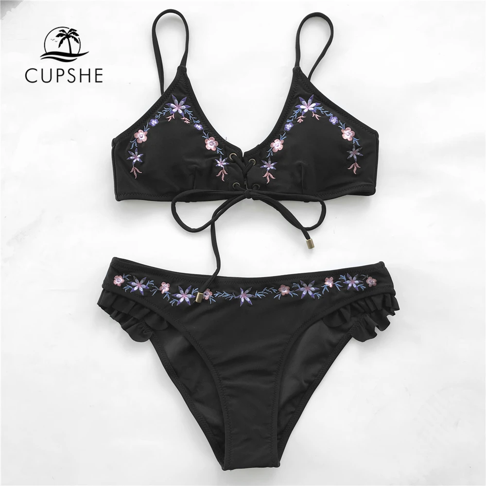 Женский купальник-бикини CUPSHE Sakura черный купальник с оборками на шнуровке для