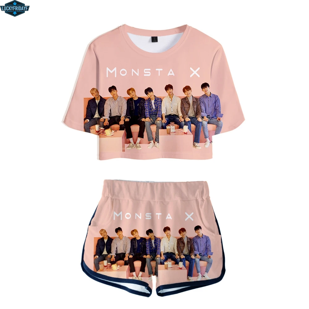 LUCKYFRIDAYF MONSTA X 3D комплект из двух предметов Сексуальная хлопковая футболка для женщин стиль 3D футболка хип-хоп костюм Шорты повседневные топы+ шорты