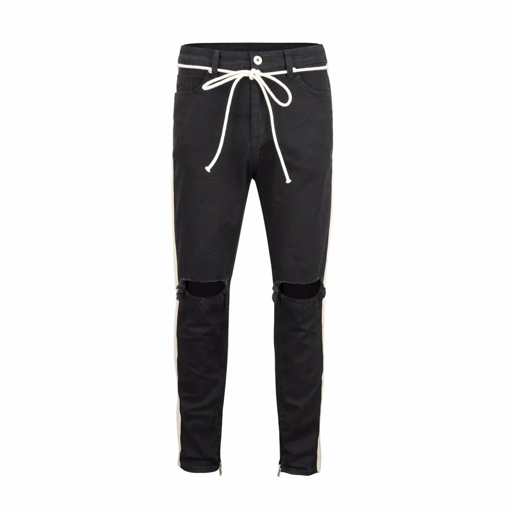 

90s High street wind retro white flagstaff hole zipper kanye west stretch slim jeans Men fog fashion Leisure Cotton Jogger Pants