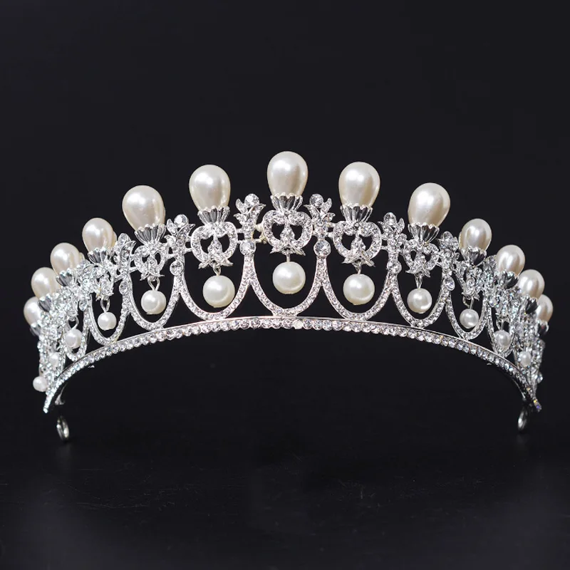 KMVEXO Silver Color Large Vintage Crystal Bridal Tiaras Crowns Rhinestone Pageant Bride Hair Accessories Pearl Wedding Diadem