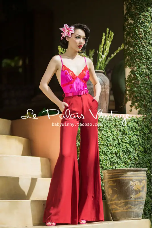 FREE SHIPPING Le Palais Vintage elegant retro classic dark red waisted skinny all-match wide leg pants
