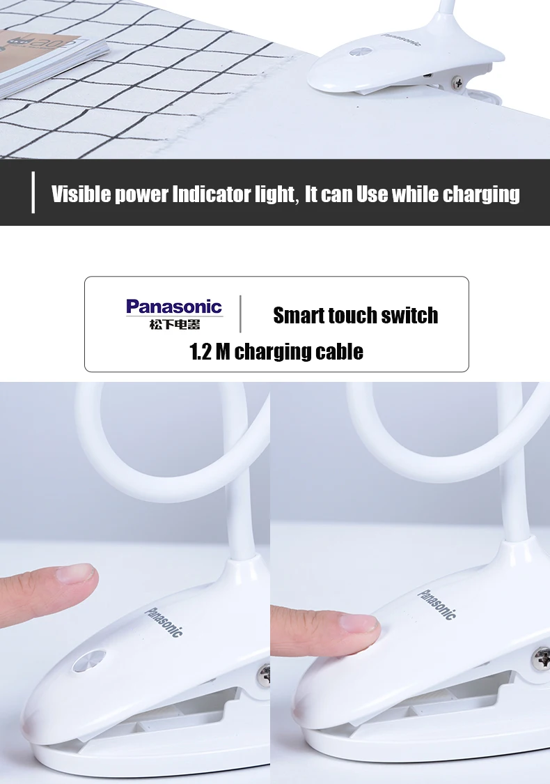 Panasonic светодиодный сенсорный выключатель, 3 режима, настольная лампа с зажимом, защита для глаз, настольный светильник, диммер, перезаряжаемый через USB, светодиодный, настольная лампа
