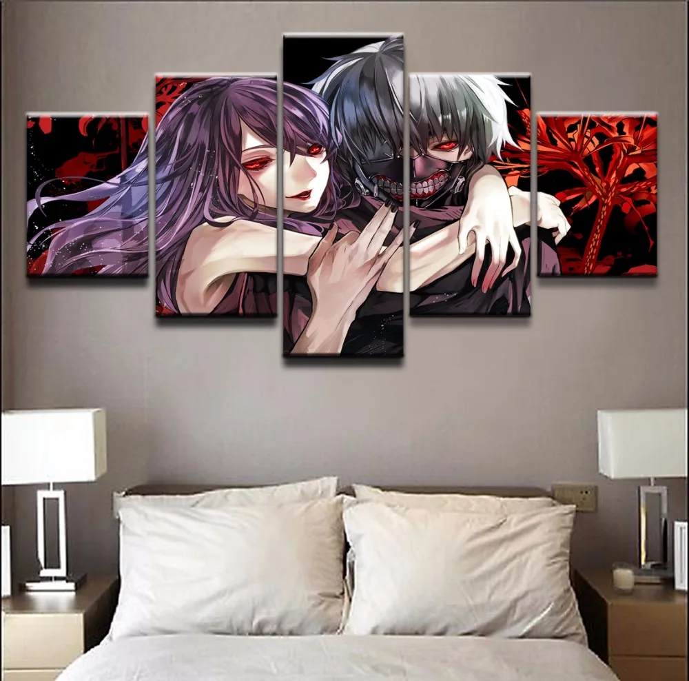 Picture Prints Home Decor Canvas Anime Tokyo Ghoul Poster 5 Pieces Ken Kaneki Rize Kamishiro Paintings Wall Art Framework | Дом и сад