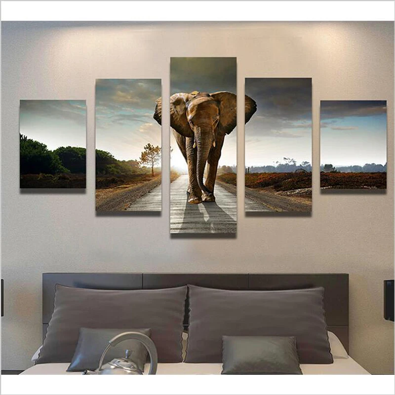 

5Pcs 100% HD Printed Huge Abstract Painting On Canvas Animal Painting Wall Art Elephant Picture For Home Decoration No Frame