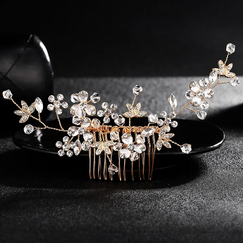 

SLBRIDAL Gold Flower and Leaves Clear Crystals and Rhinestones Wedding Hair Comb Bridal Headpiece Hair accessories Bridesmaids