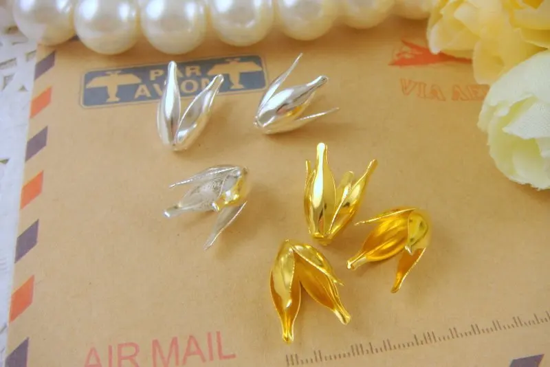 

50pcs/lot 8*17mm Gold silver Flower Filigree Metal Bead Caps Hat End Caps