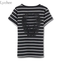 lychee sexy summer women t shirt back lace patchwork hollow out stripe short sleeve t shirt tee top female