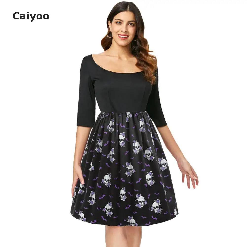 Summer Dress Sale Bud Half None Knee-length Regular O-neck Ukraine Plus Size 2018 New Halloween Middle Sleeve Skull Print | Женская