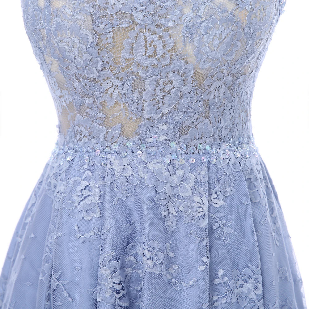 

Short Front Long Back Prom Dresses A-line Cap Sleeves Lace See Through Sky Blue Long Prom Gown Evening Dresses Evening Gown