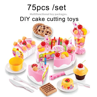 Cake-75pcs-Pink Игрушечный торт с днем рождения для Детские Кухонные Игрушки для резки девочек ролевые игровой кухонный набор 1 3 4 лет мальчик девочка образовательный подарок - Цвет: Cake-75pcs-Pink
