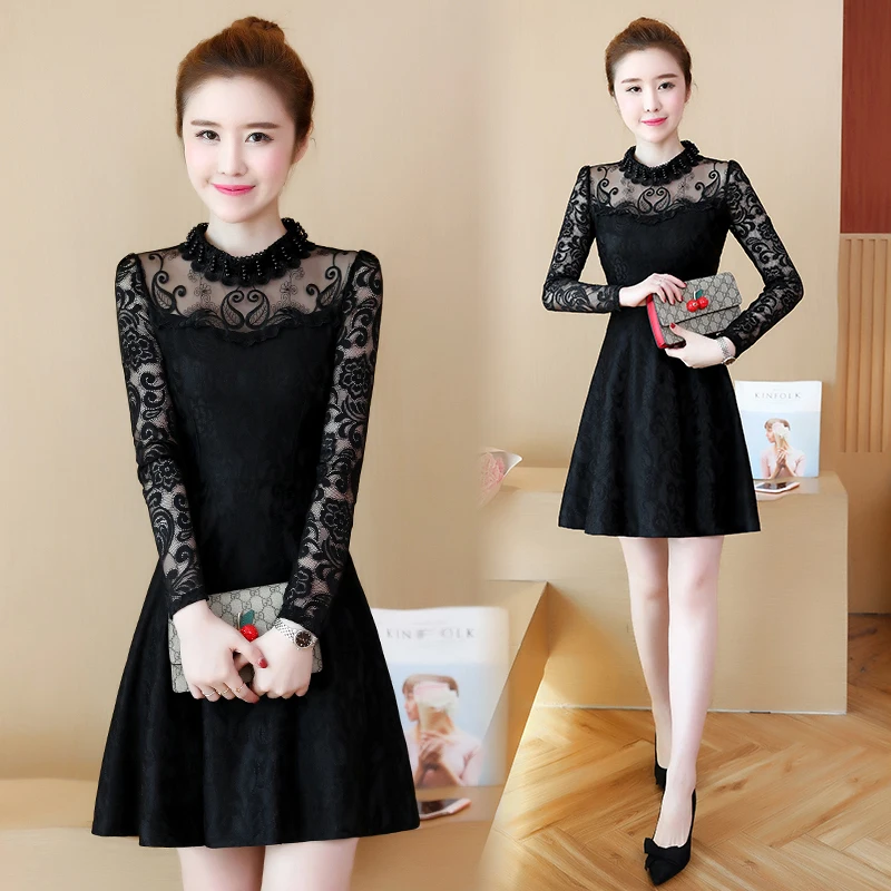 QAZXSW Casual Dress Women Lace Spring Autumn Ladies Sweet Dresses Female Solid A-Line gatsby warm dress YC001 | Женская одежда