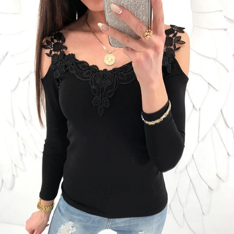 Элегантная повседневная футболка Для женщин с плеча длинным рукавом Кружево Sheer