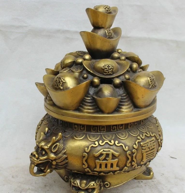 12 &quotКитай Медь Богатство Yuanbao Сокровище Чаша льва ручка благовония горелки