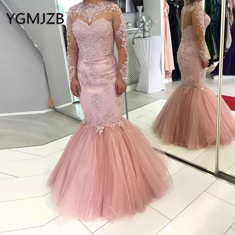 Elegant Long Prom Dresses 2019 Mermaid Full Sleeve Appliques Lace Evening Dresses Saudi Arabia Women Formal Dress Party Gown