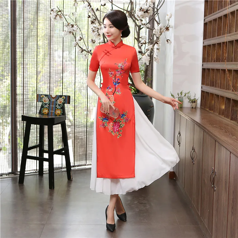 Вьетнамское платье Aodai традиционная Женская одежда красное аозай восточное