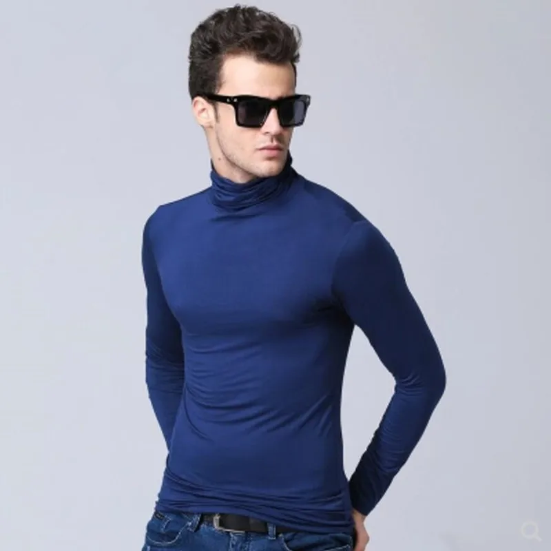 turtleneck blue Мужская футболка мужская футболка футболки с длинными рукавами Модальная Термофутболка тонкая Облегающая водолазка футболка s мужской верх одежда Весна Белый - Цвет: turtleneck blue