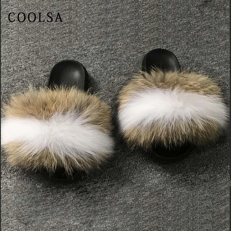 White-raccoon fur Модные женские шлепанцы; меховые шлепанцы с лисьим мехом; Разноцветные меховые Вьетнамки; Пушистый Плюшевый домик; женские милые зимние теплые тапочки - Цвет: White-raccoon fur