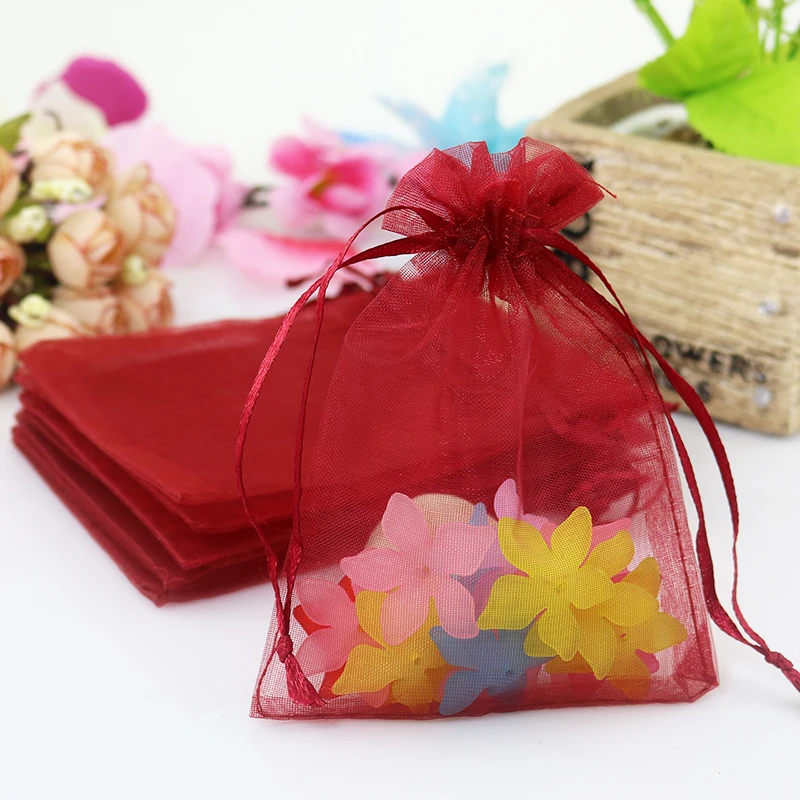

500pcs/lot 7x9cm Dark Red Organza Bags Wedding Decoration Candy Drawstring Pouches Party Gifts Packaging Bag Festive Supplies