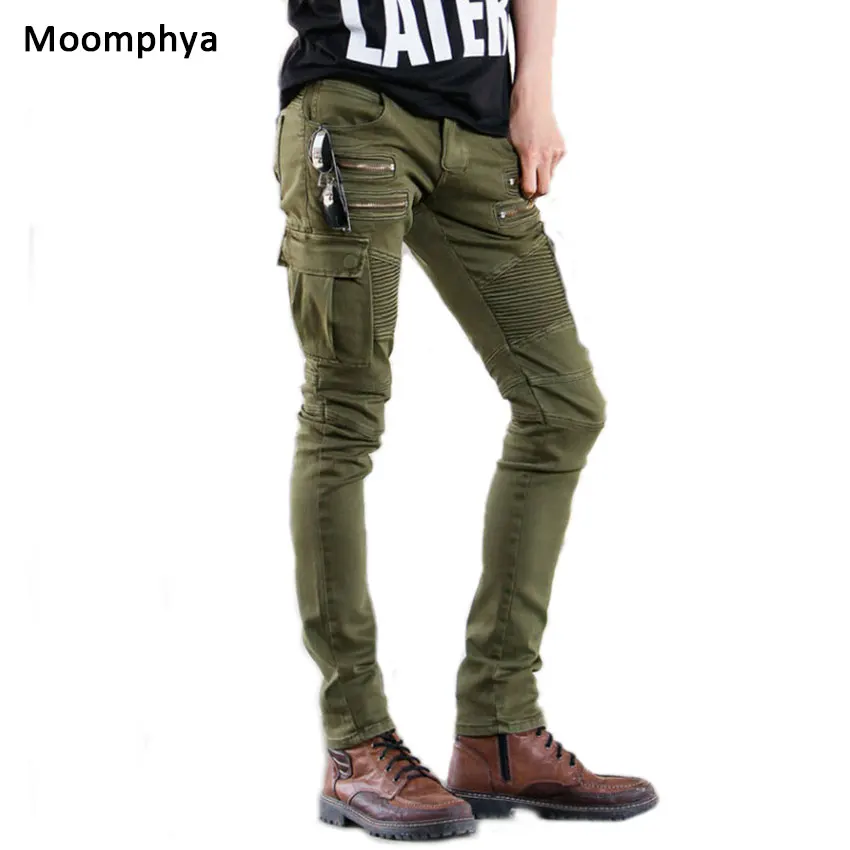 Famous brand high quality luxury men jeans slim elastic pleated Pencil Pants pocket with side zip jeans men denim Biker jeans