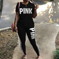 plus size 2 piece set woman tracksuit casual pink letter print sexy sweat suits short sleeve tee shirt top skinny pants xxxl