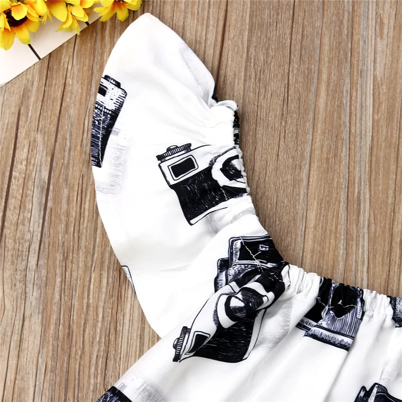 Платье с открытыми плечами для маленьких девочек топы рюшами + голубые рваные