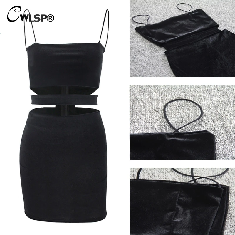 

CWLSP Solid Black Sexy Summer Dress 2018 Spaghetti Strap Hollow Out Waist Sheath Mini Dress Velvet Vestido Elbise QZ2827
