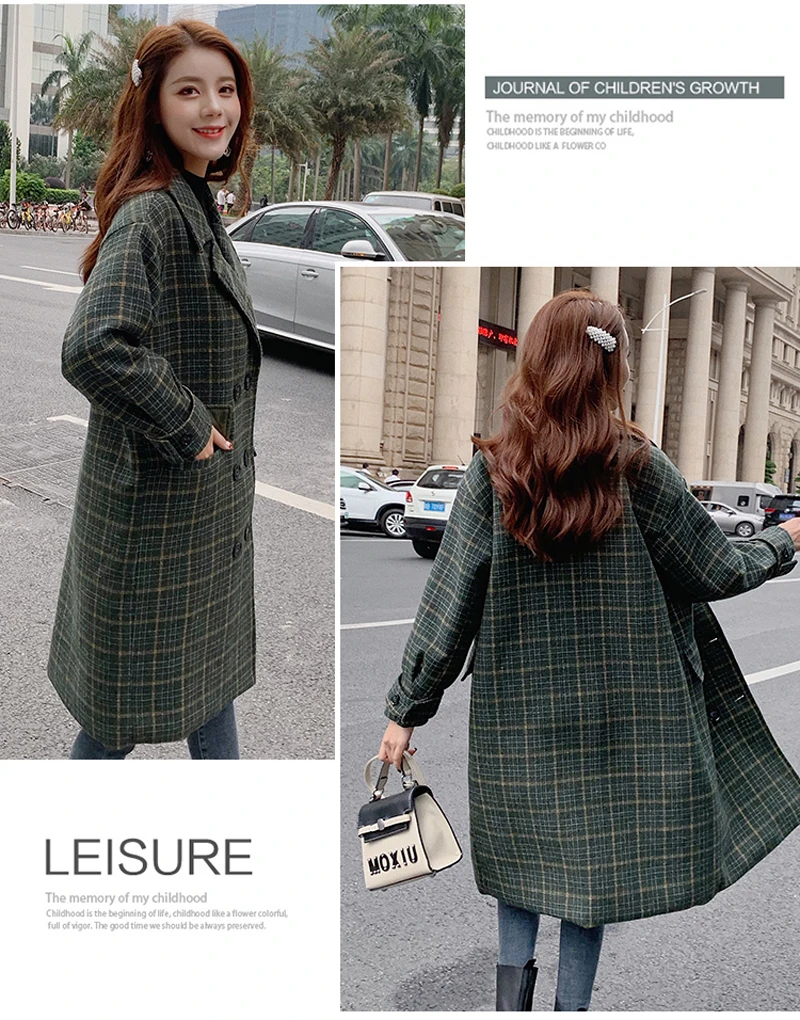 Zoki Loose Plaid Women Long Wool Blend Coat Fashion Winter Warm Jacket Elegant Double Breasted Autumn Fleece Outwear Plus Size
