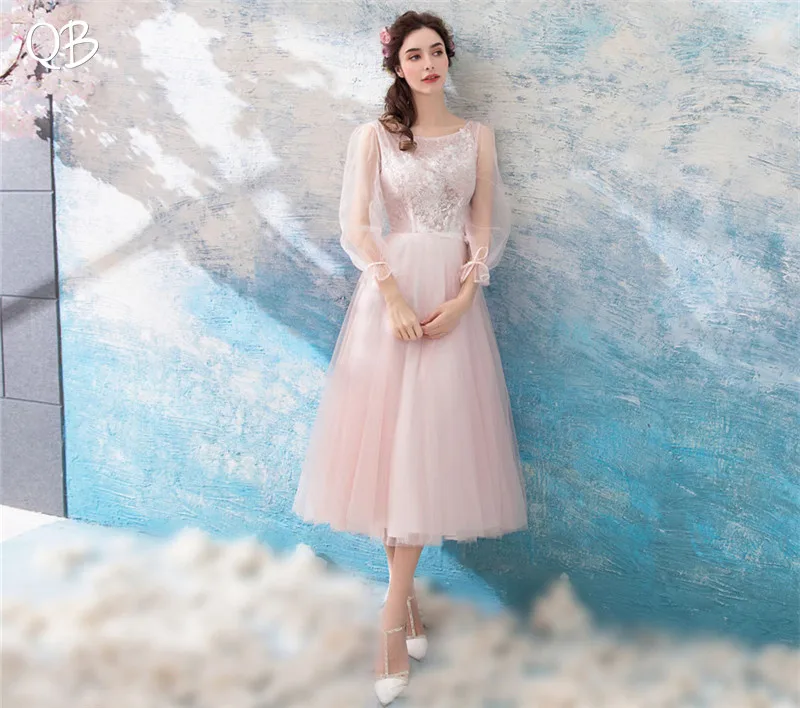 Pink Evening Dresses A-line 3 4 Sleeves Lace Beading Prom Party Dress Gown Vestido De Festa SD01 | Свадьбы и торжества