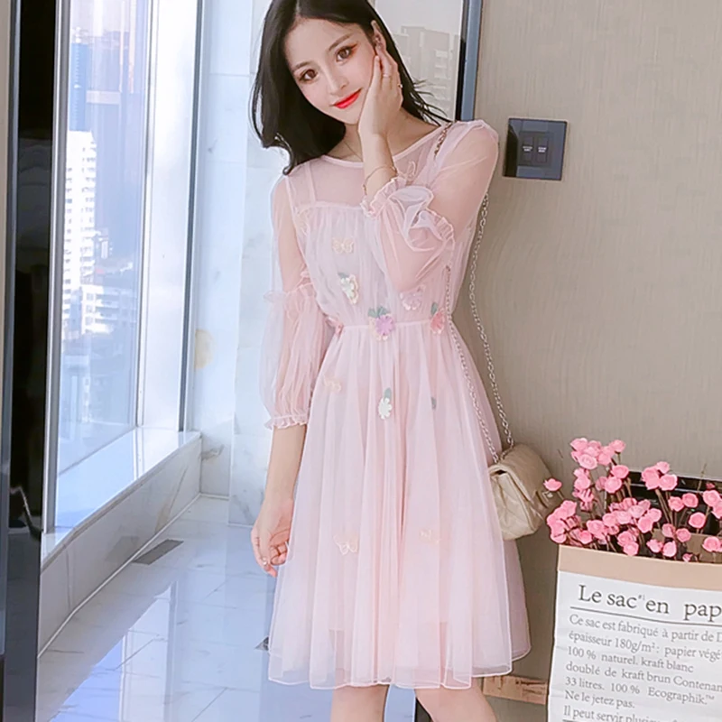 Summer Lantern Sleeve Tulle Fairy Dress Female Flower Mesh Midi Dresses Elegant Vestidos Women Embroidery Butterfly Party | Женская