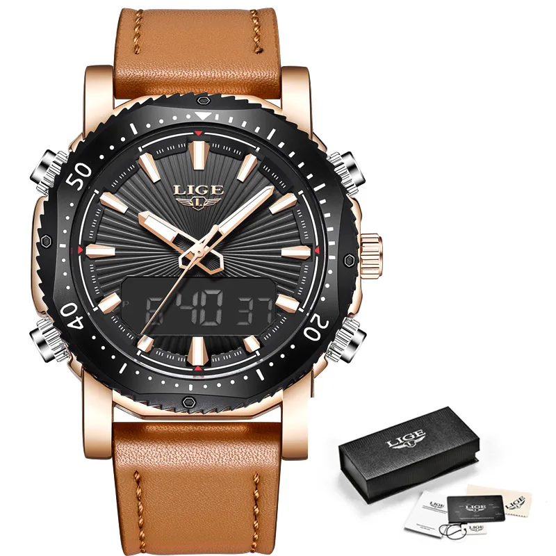 Rose gold black LIGE мужские s часы Лидирующий бренд цифровые часы мужские военные спортивные водонепроницаемые кварцевые наручные электронные часы Relogio Masculino+ коробка - Цвет: Rose gold black