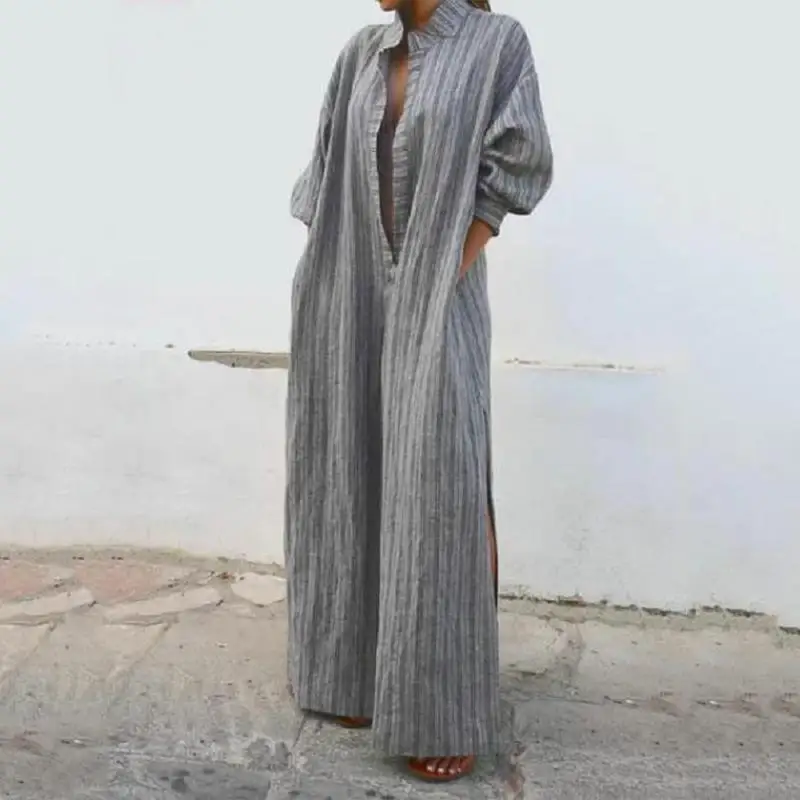 S-3XL платье Женская длинная рубашка полосатый воротник длинный рукав макси осень