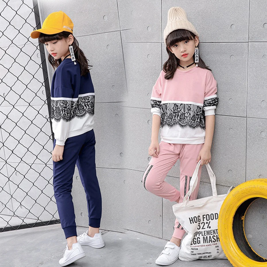 Aixinghao/спортивный костюм для девочек Весенняя Кружевная футболка + штаны детская