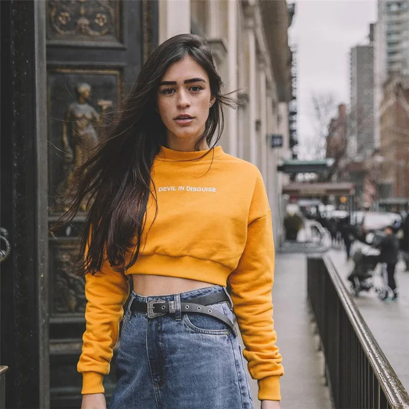 Для женщин желтый Croped толстовки Толстовка tumblr милые Корея Мода Harajuku Oversize с
