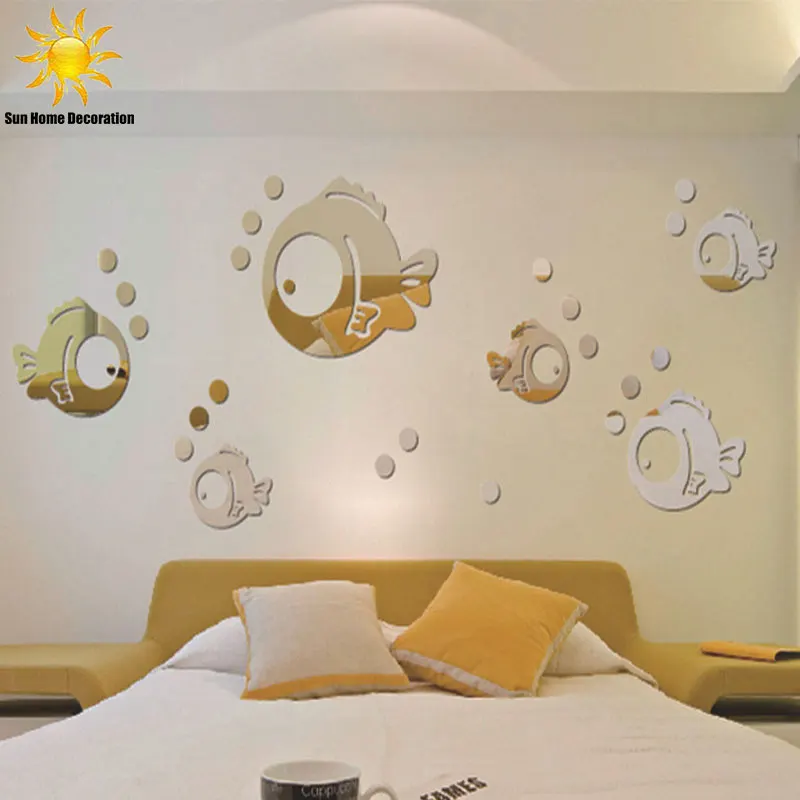 Акриловый зеркальный декоративный стикер для ванной комнаты с пузырчатой рыбкой