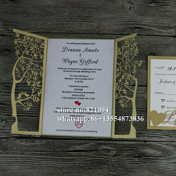 50 шт. Лазерная резка счастливое дерево дизайн сложенный стиль RSVP сохранить дату свадебные пригласительные карты с внутренней пустой карты