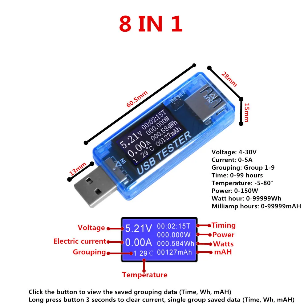 Цифровой дисплей USB зарядное устройство Доктор емкость Ток Напряжение детектор метр тестер батареи QC2.0 3,0 4-30 в электрическая мощность