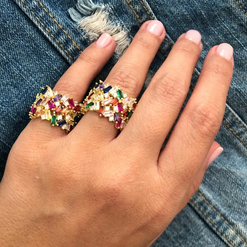 

luxury wide rainbow cz band ring for women lady gift baguette rainbow colorful cz gold color gorgeous trendy fire finger rings