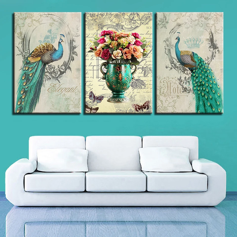

Canvas Pictures Home Decor Living Room Wall Art Framework 3 Pieces Green Peafowl Flower Painting HD Prints Peacock Couple Poster