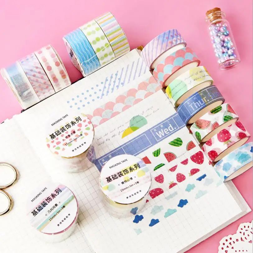 3 шт./компл. клей клейкие ленты Декоративные Бумага Kawaii основные сетки волна Упаковка с фруктами Васи клейкие ленты Комплект наклейки Домашнее творчество и скрапбукинг