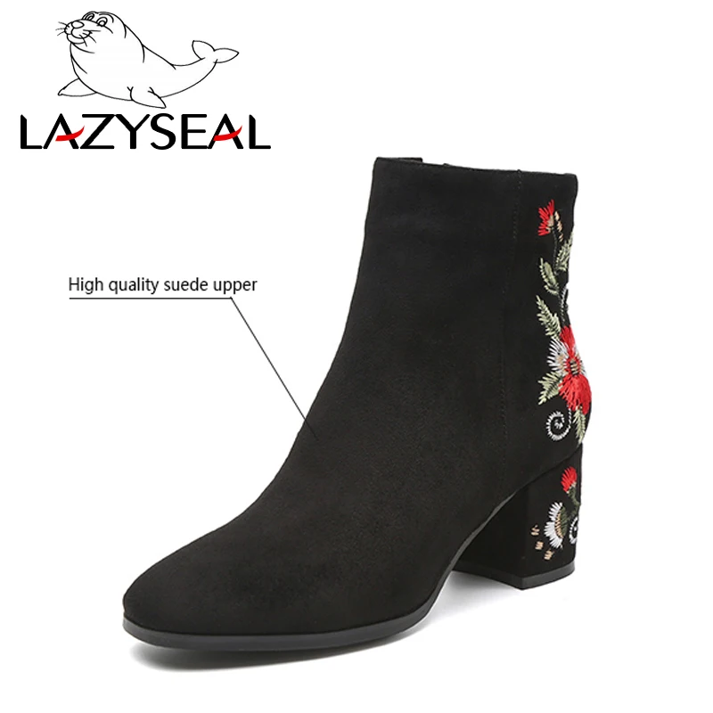 Женские ботинки LazySeal с цветочной вышивкой ботильоны на высоком каблуке черные