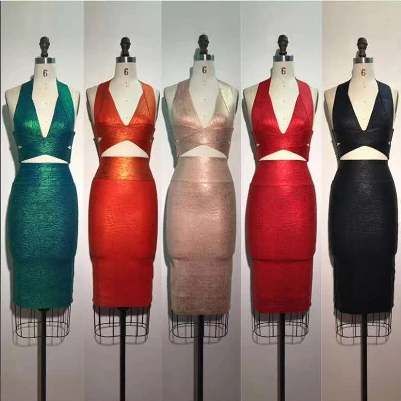 

Orange Green Black Pink Red Bandage Dress Sexy V Neck Halter Backless Knee Length Vestidos Celebrity Club Party Dresses Bodycon