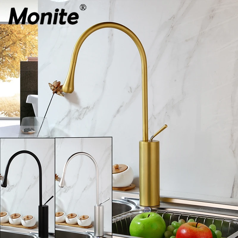 Monite Brush Золотой кухонный кран твердая латунь столешница Смеситель для мойки