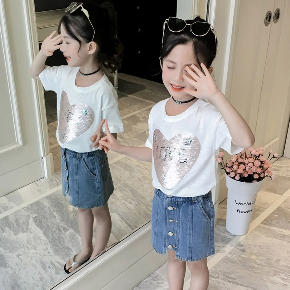 Футболка для девочек сердце с блестками топы футболки короткими рукавами