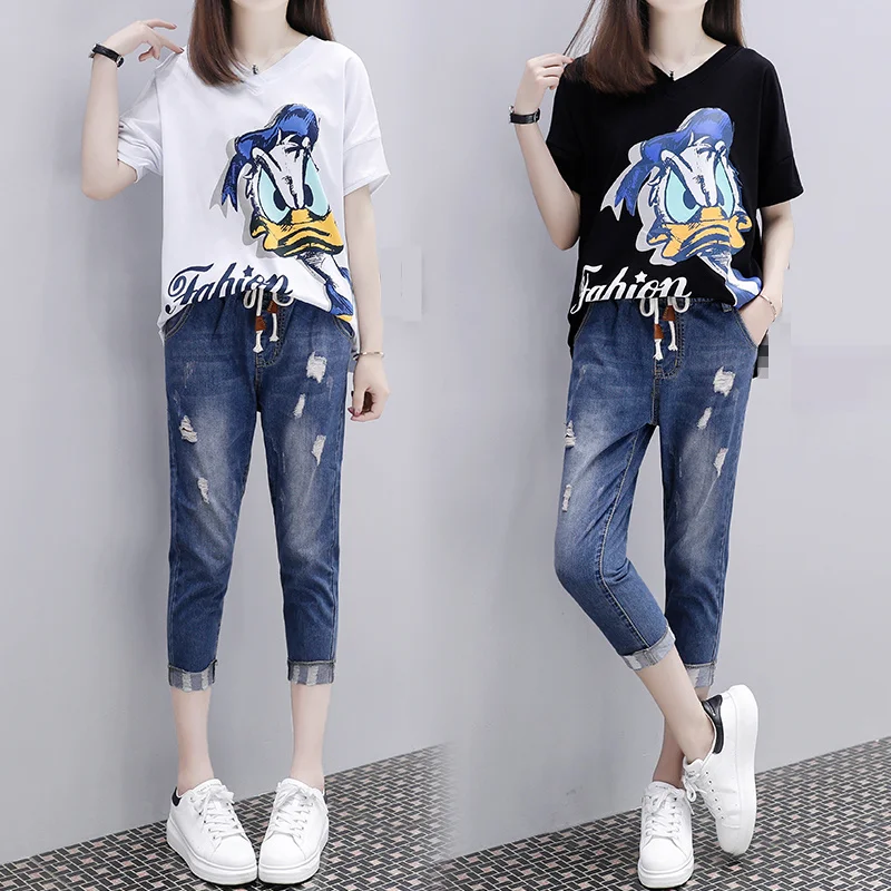 

2019 new fashion cartoon Women Sequined 3D cartoon picture Cotton Tshirt+Harem Jeans Pant Twinset Vestidoes