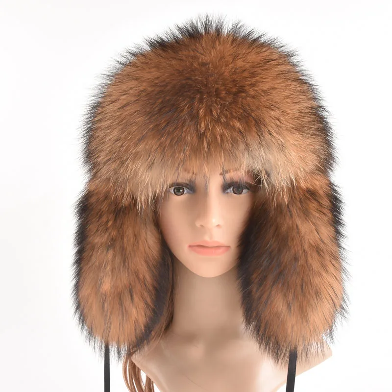 Winter Genuine Fox Fur Hats For Women Winter Luxury Real Raccoon Fur Hat New Luxury Trapper Caps Russian Style Bombers Hat