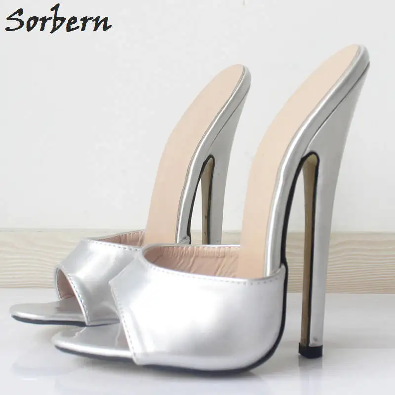 Silver Shiny Sorbern/белые блестящие шлепанцы 18 см; женская летняя стильная обувь без застежки с открытым носком; женские шлепанцы на шпильке; обувь для подиума; женская обувь; - Цвет: Silver Shiny