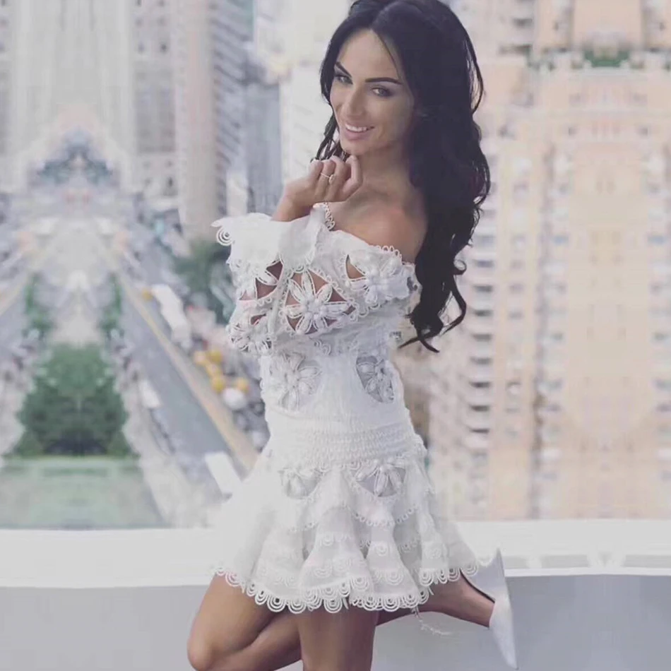 Женское кружевное платье Seamyla белое вечернее с рукавами фонариками лето